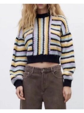 Zara Striped Chunky Knit Cropped Drop Shoulder Sweater Wool/Alpaca/Acrylic Sz L